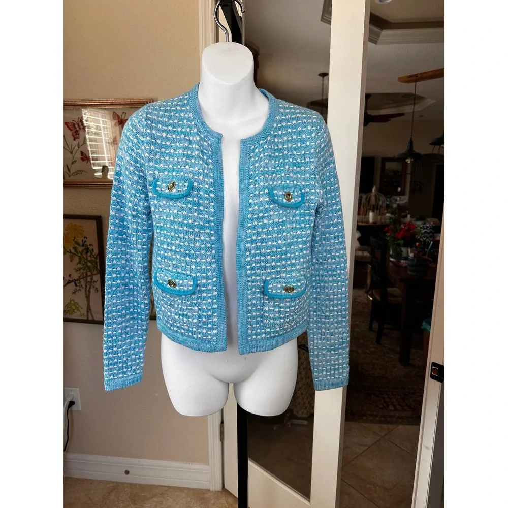 Lilly Pulitzer NWOT Kienna Woven Knit Cardigan Cumulus Blue Metallic XSmall - Picture 5 of 16